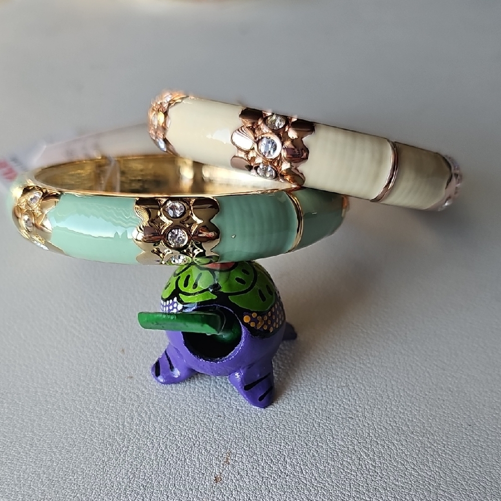 Elegant White Or Turqoise Enamel Bangle Bracelet With Crystal Stones